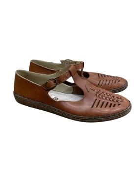 Rieker Leather Mary Jane Shoes Brown Woven Comfort Flats Size 5 1/2